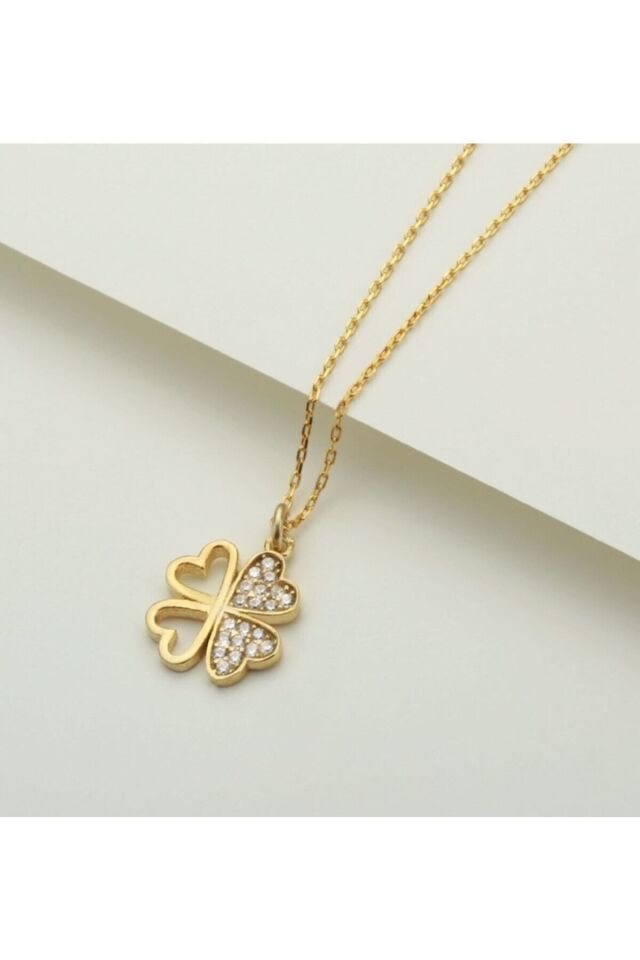 925 Ayar Gold Yonca Zirkon Taşlı Gümüş Kolye Gold - Tek Ebat