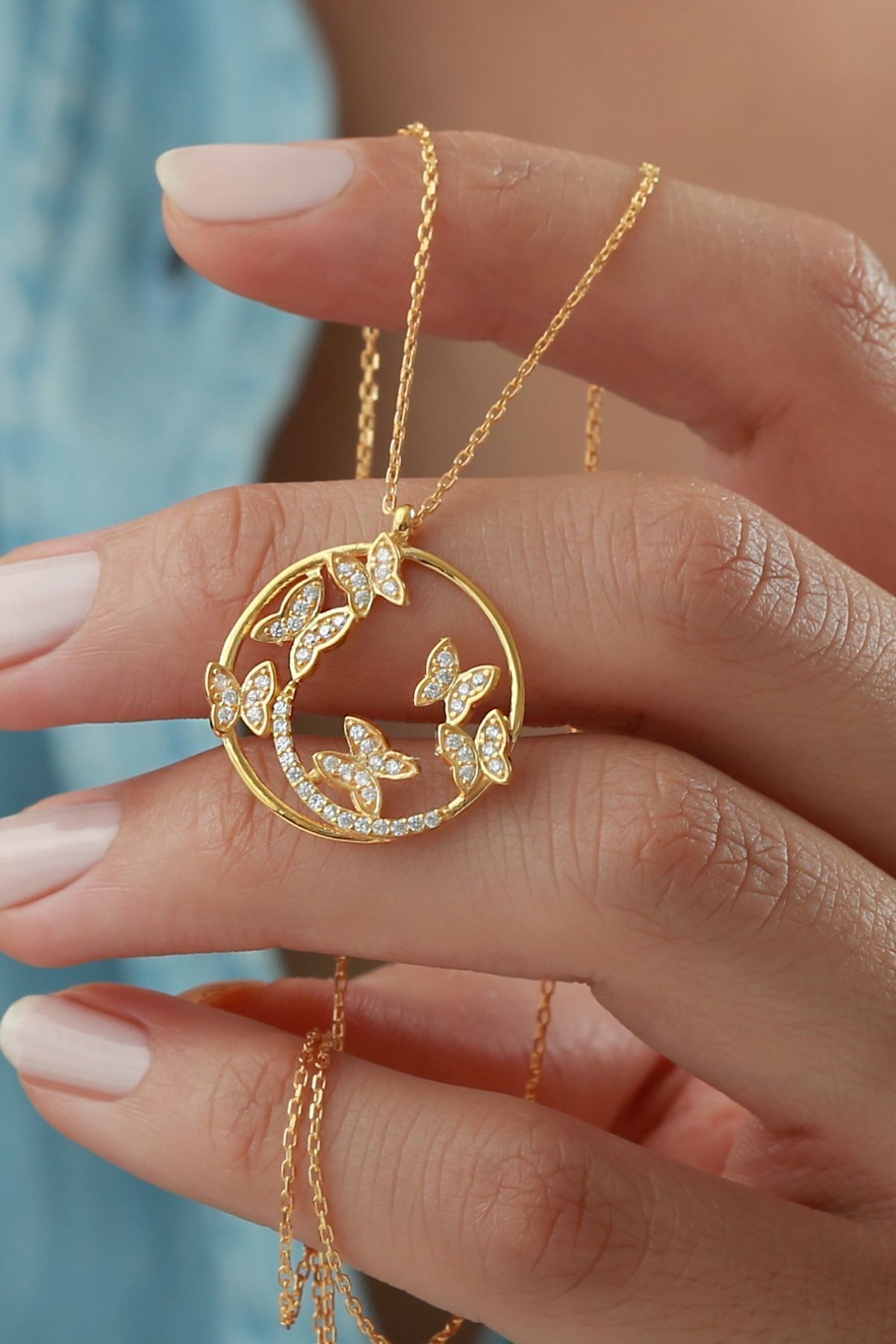 925 Ayar Gümüş Gold Kelebekli Halka Kolye Gold - Tek Ebat