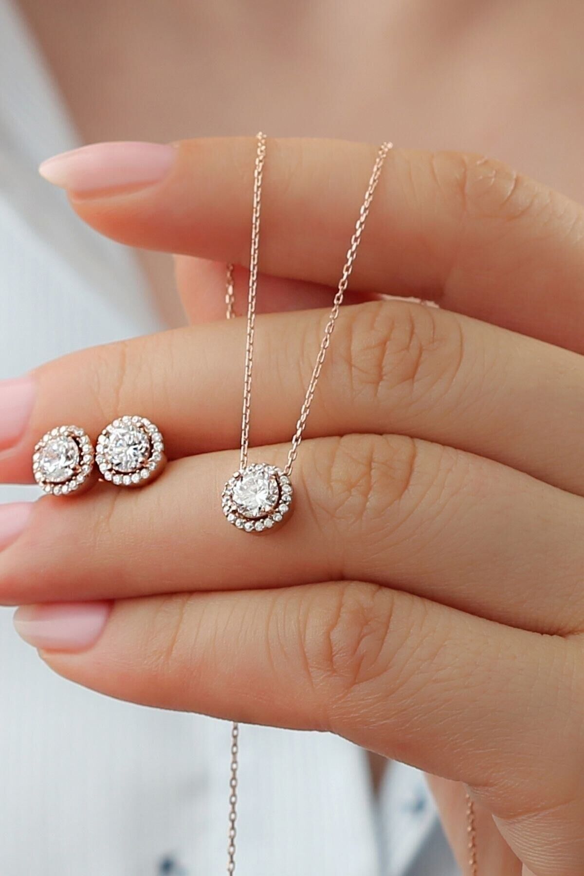 925 Ayar Gümüş Pırlanta Model Kolye Küpe Seti ( Rose Gold ) Gold - Tek Ebat
