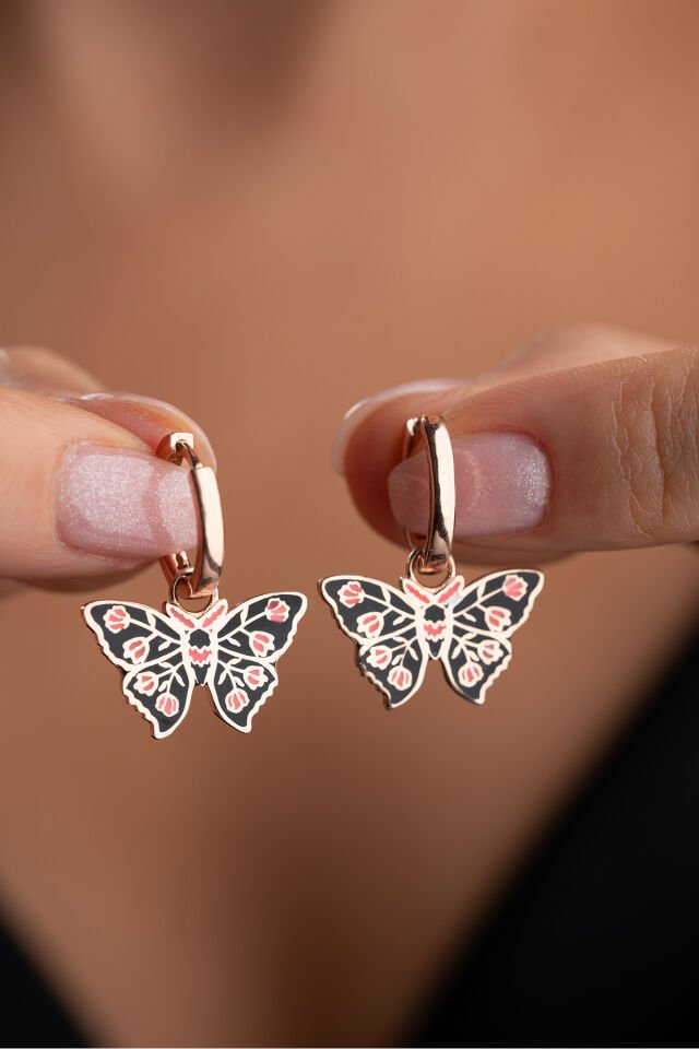 925 Ayar Gümüş Rose Mineli Kelebek Küpe Pembe
