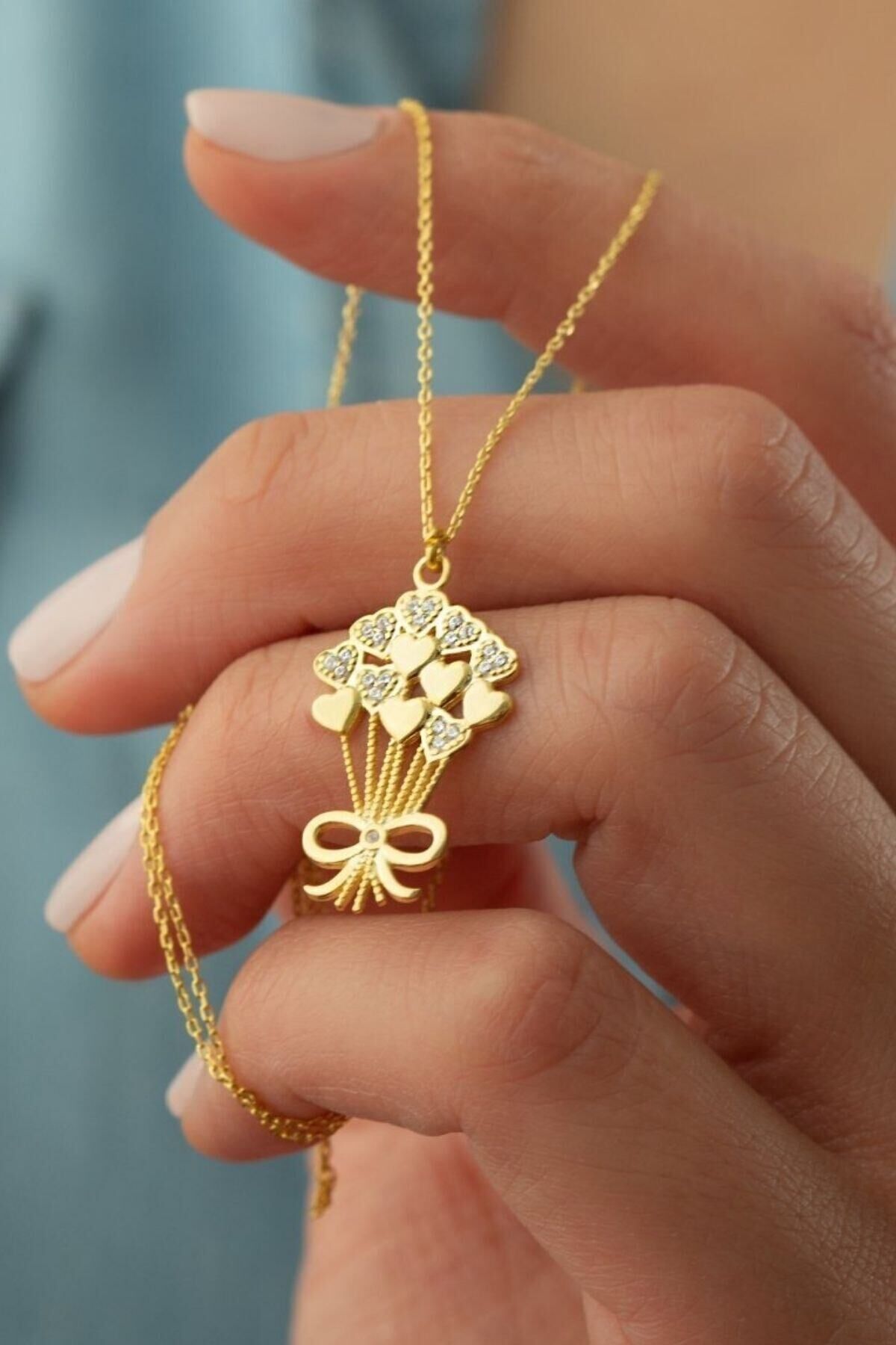 925 Ayar Gümüş Kalpli Buket Kolye Gold - Tek Ebat