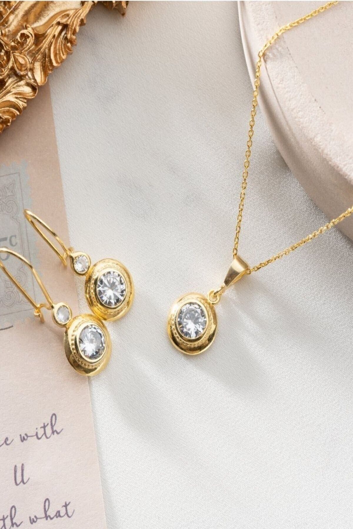 925 Ayar Gümüş Trend Tektaş Kolye-küpe Takı Seti Gold - Tek Ebat