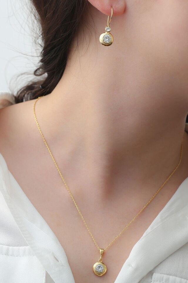 925 Ayar Gümüş Trend Tektaş Kolye-küpe Takı Seti Gold - Tek Ebat