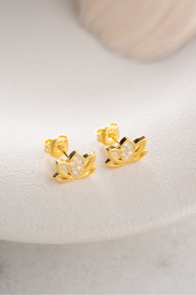 925 Ayar Gümüş Gold Kaplama Lotus Çiçeği Küpe