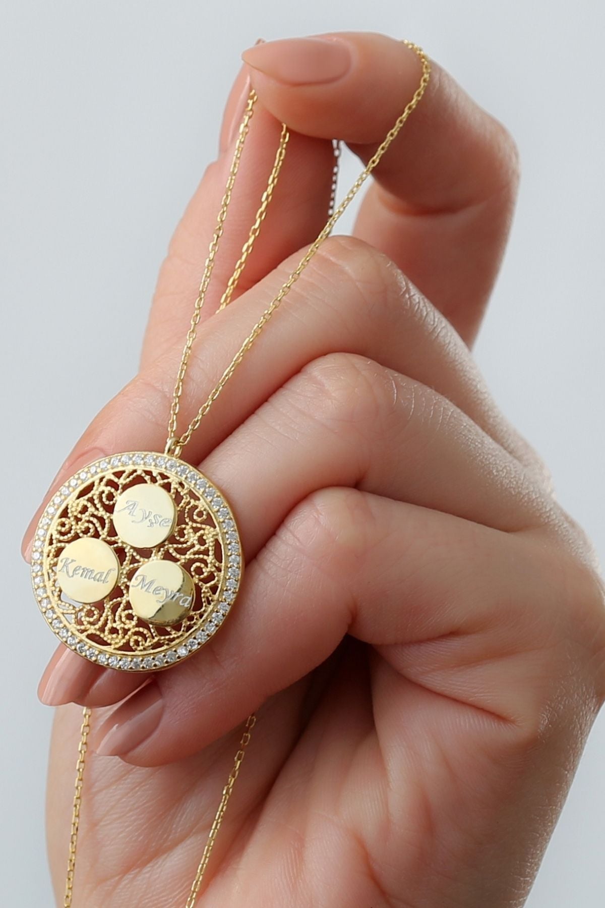925 Ayar Gümüş Üçlü Isimli Taşlı Hakla Kolye Gold - Tek Ebat