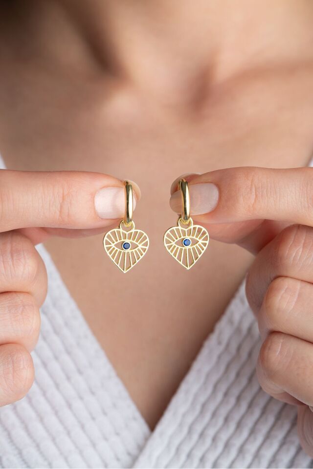 925 Ayar Gümüş Gold Göz Detaylı Kalp Küpe