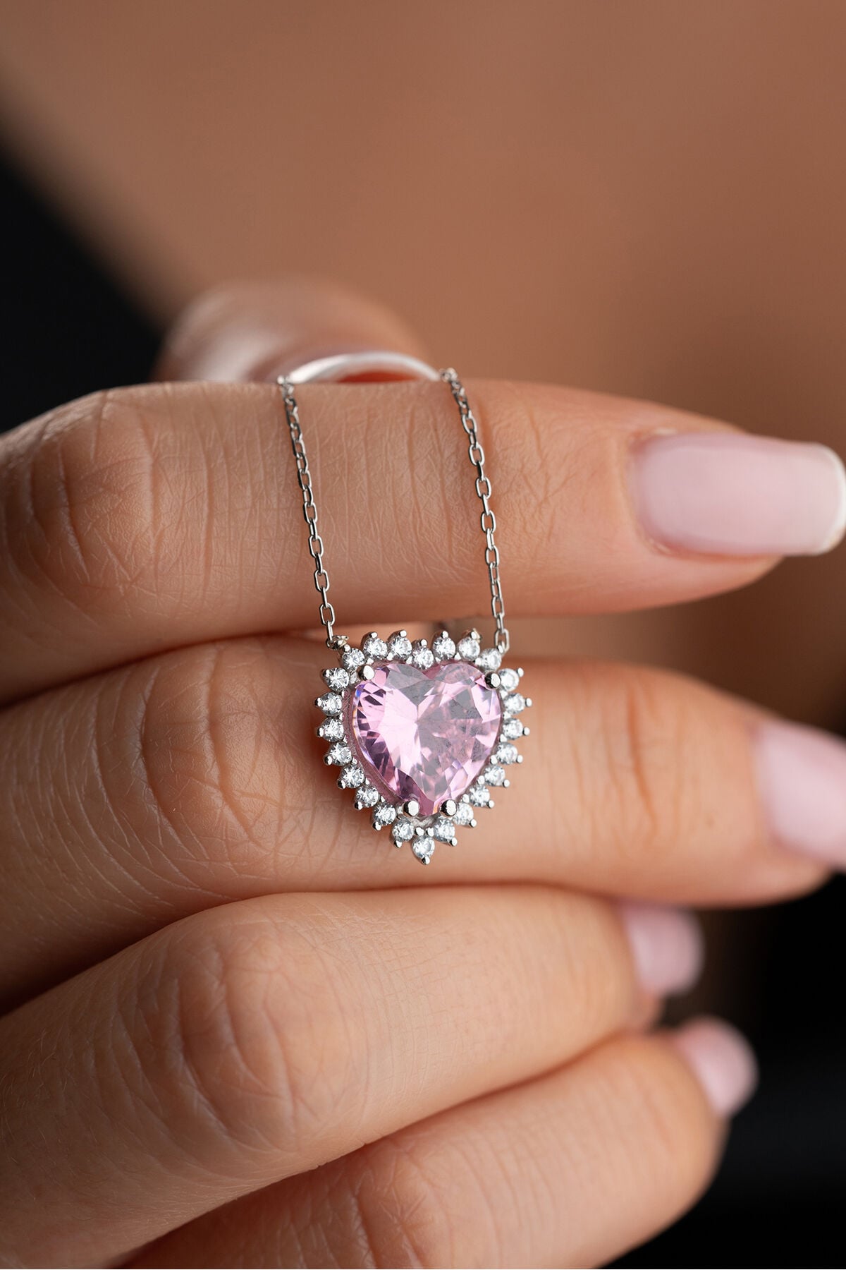 925 Ayar Gümüş Zirkon Pembe Taşlı Kolye