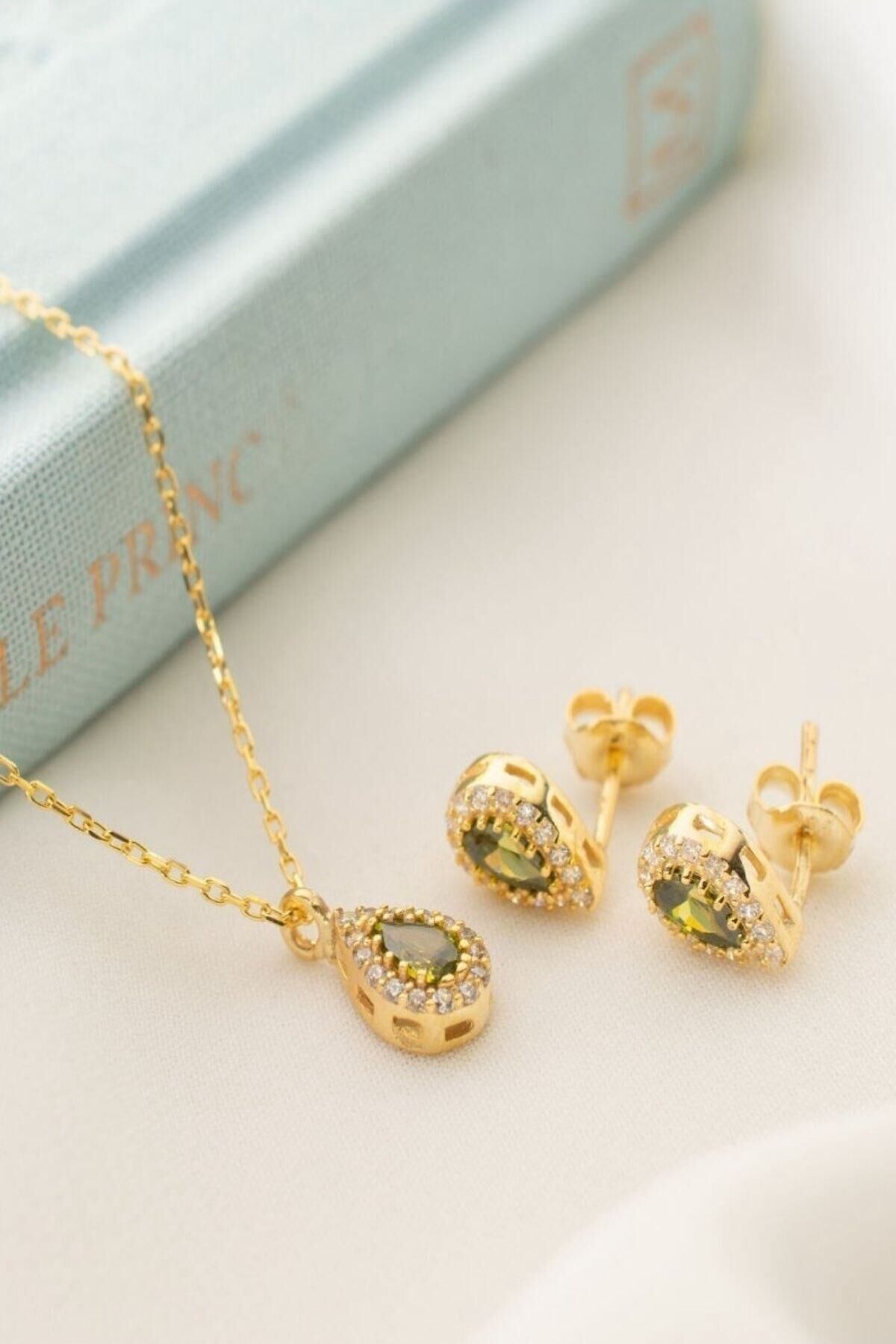 925 Ayar Gümüş Ağustos Ayı Doğum Taşı ( Peridot ) Kolye - Küpe Seti Gold - Tek Ebat
