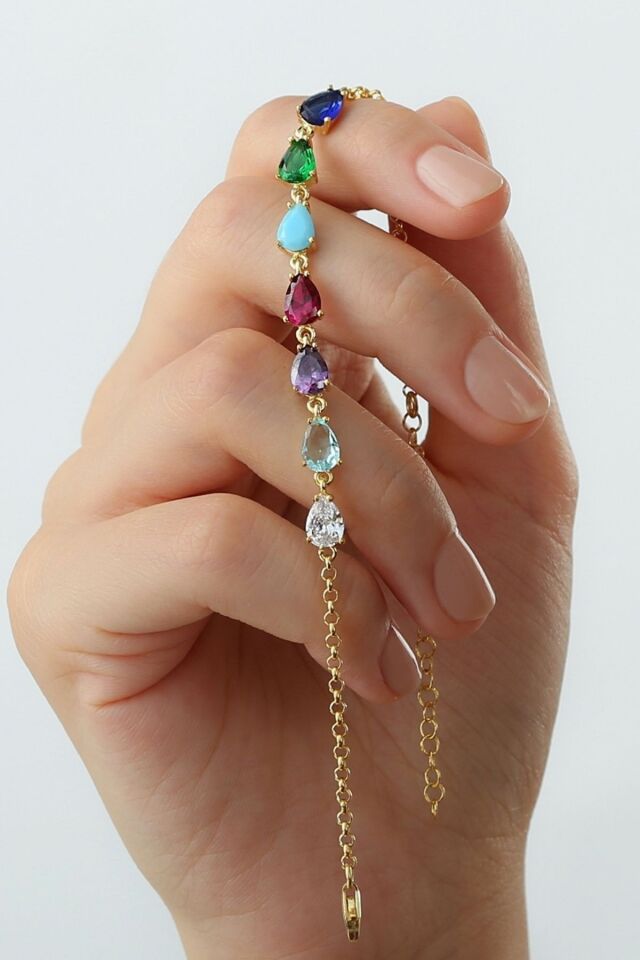 925 Ayar Gümüş Rengarek Taş Detaylı Şık Tasarım Bileklik