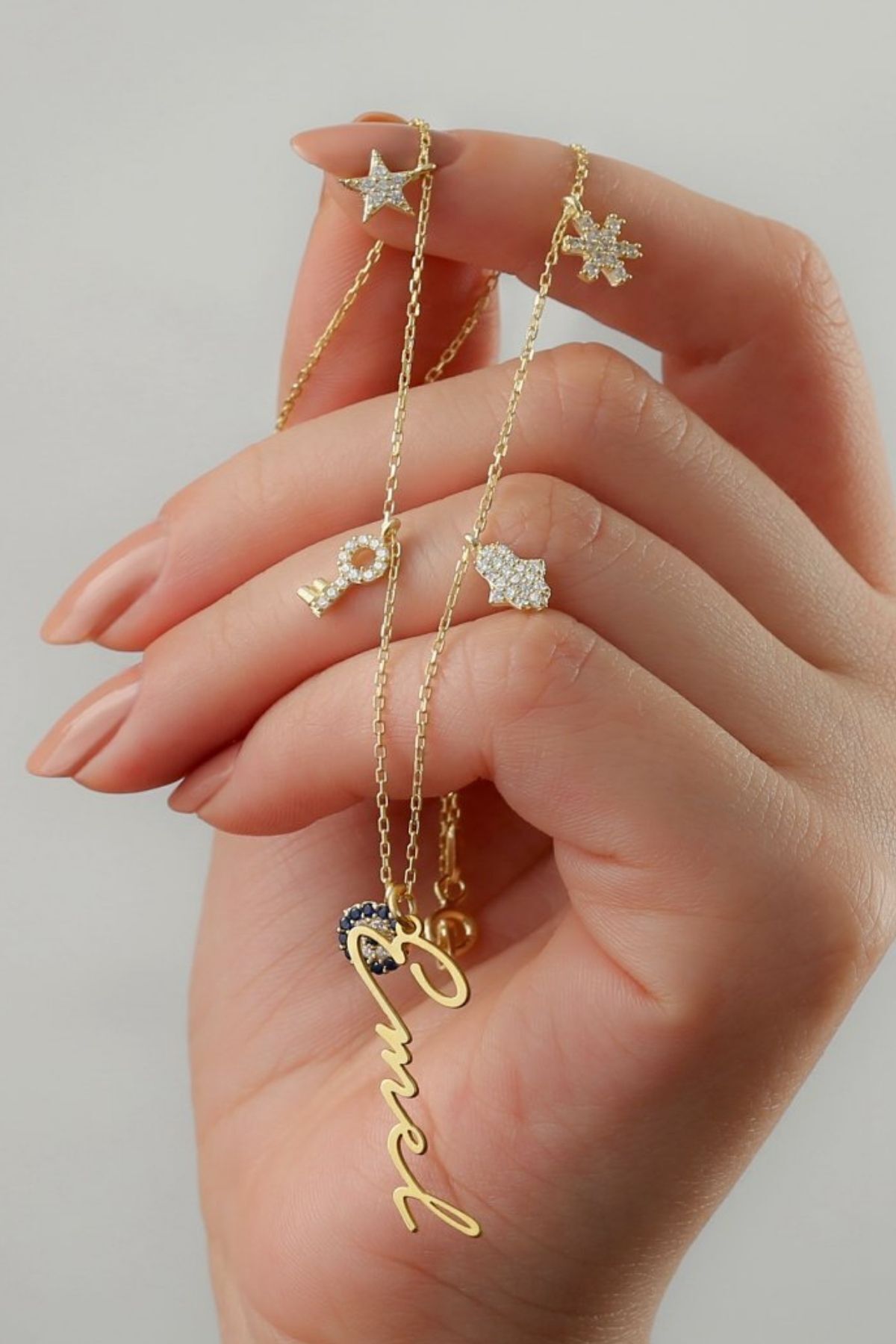 925 Ayar Gümüş Kişiye Özel Isimli Şans Kolyesi Gold - Tek Ebat