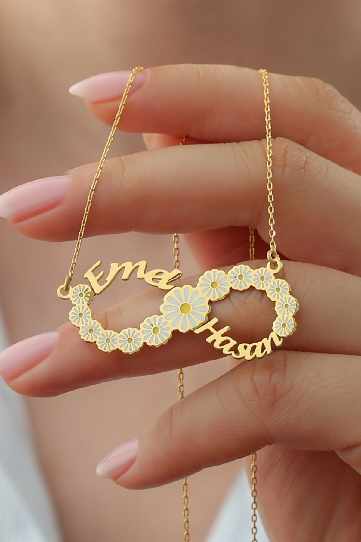 925 Ayar Gümüş Isimli Papatyalı Sonsuzluk Kolye Gold - Tek Ebat
