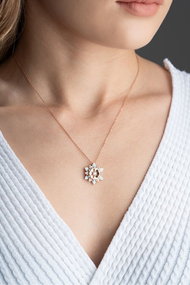 925 Ayar Gümüş Rose Mavi Mineli Lotus Kolye