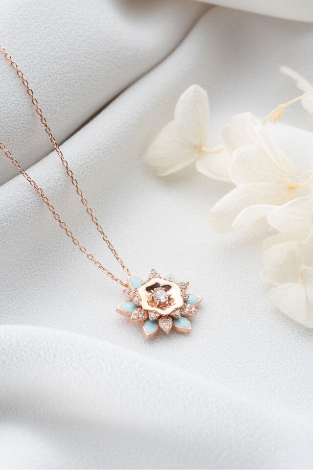 925 Ayar Gümüş Rose Mavi Mineli Lotus Kolye