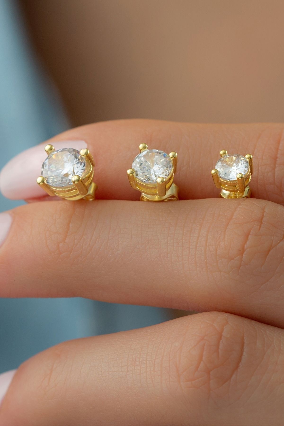 925 Ayar Gold 3'lü Tektaş Gümüş Küpe Gold - Tek Ebat