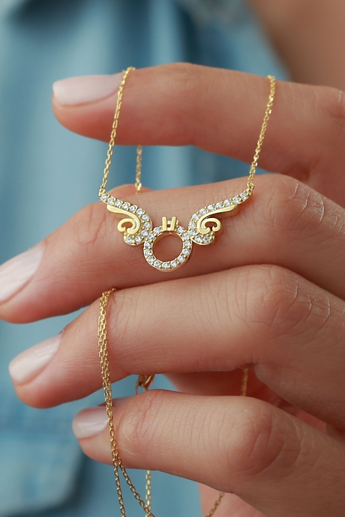 925 Ayar Gümüş Kanatlı Tektaş Kolye Gold - Tek Ebat