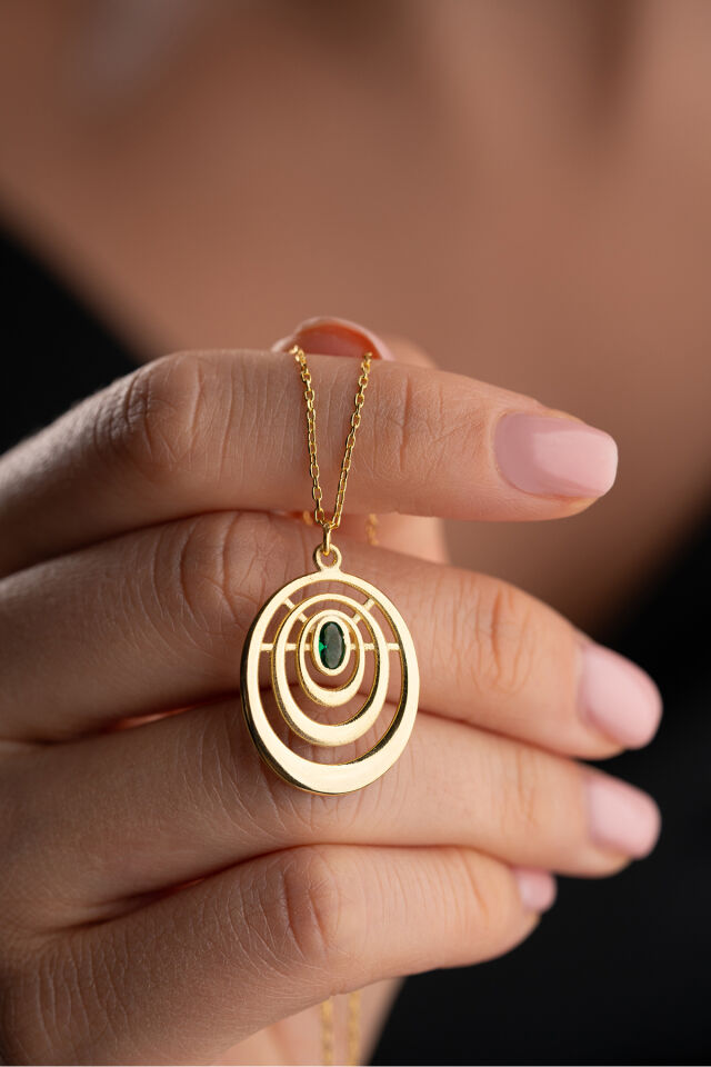 925 Ayar Gümüş Yeşil Taşlı Oval Kolye