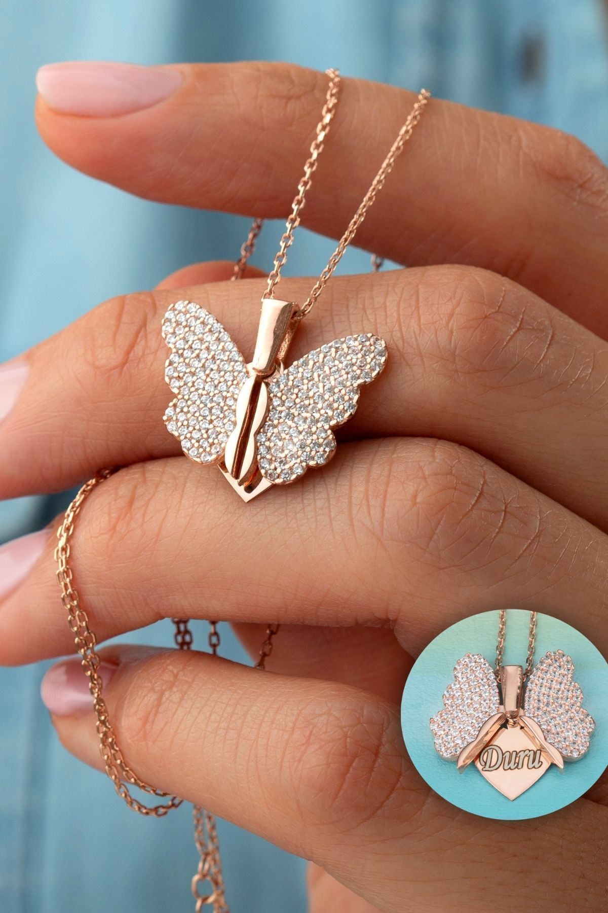 925 Ayar Gümüş Isimli Açılan Kelebek Kolye ( Rose ) Gold - Tek Ebat