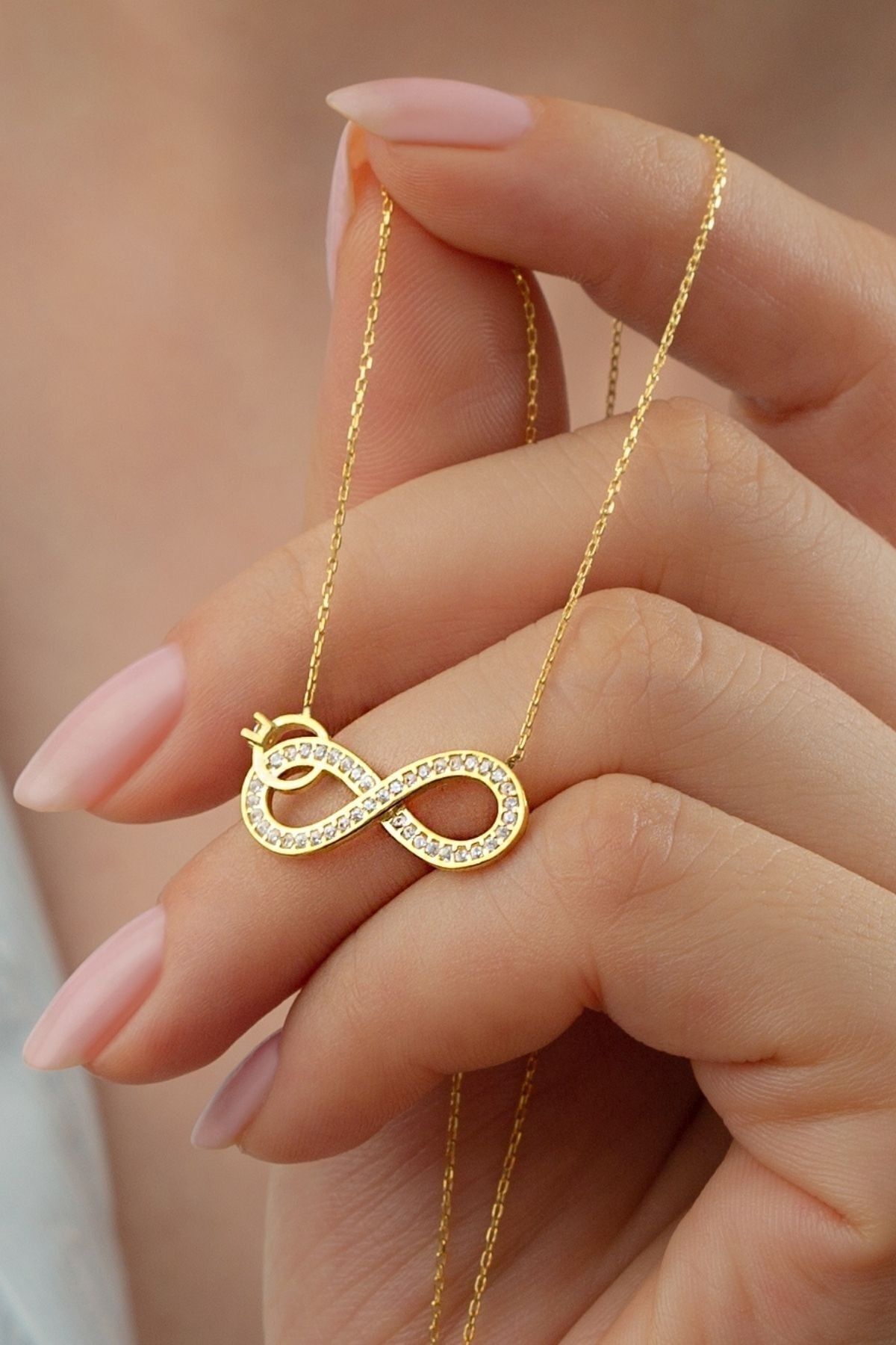 925 Ayar Gümüş Tektaşlı Sonsuzluk Kolye Gold - Tek Ebat