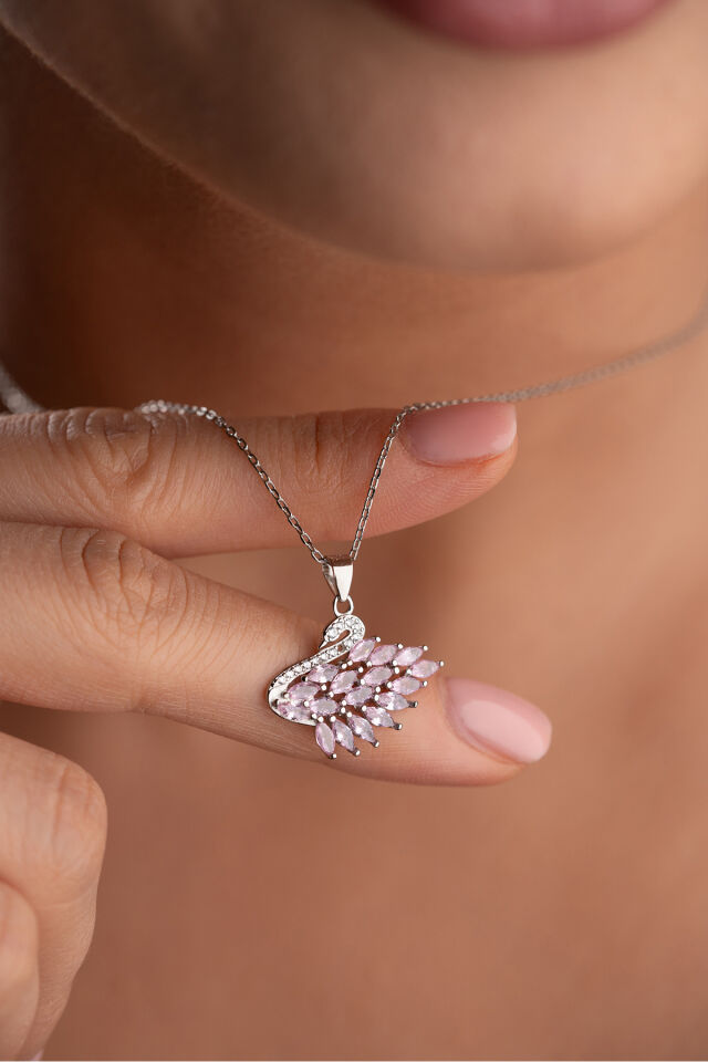 925 Ayar Gümüş Pembe Mekik Taşlı Kuğu Kolye