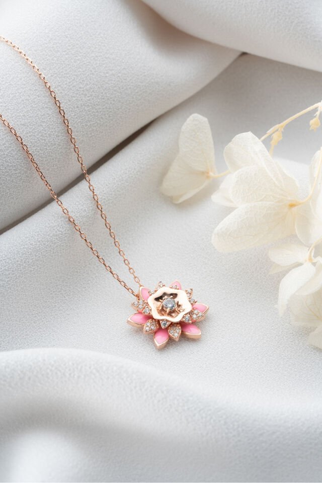 925 Ayar Gümüş Pembe Mineli Lotus Çiçeği Kolye
