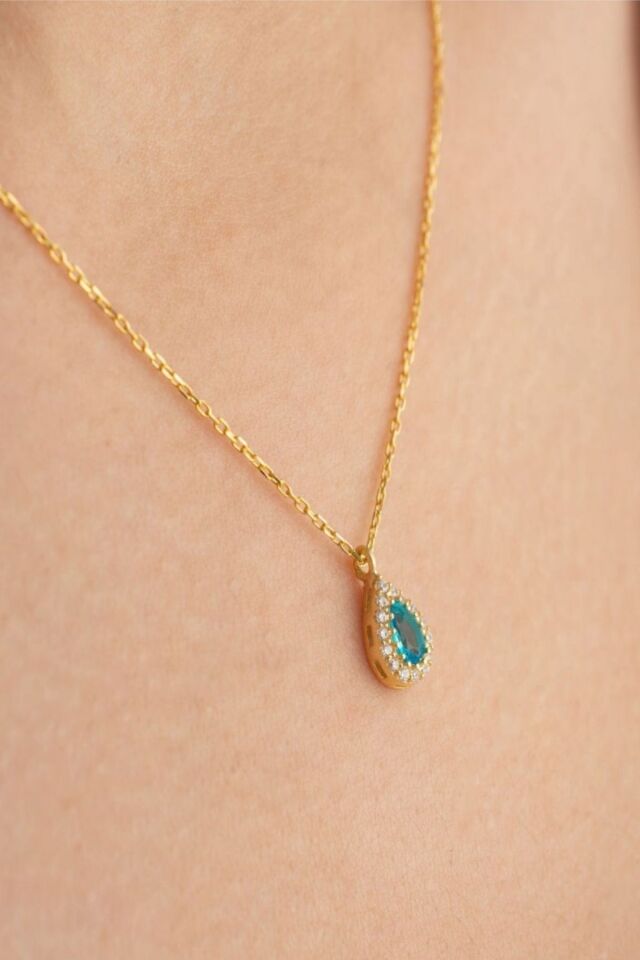 925 Ayar Gümüş Aralık Ayı Doğum Taşı ( Blue Topaz ) Damla Kolye Gold - Tek Ebat