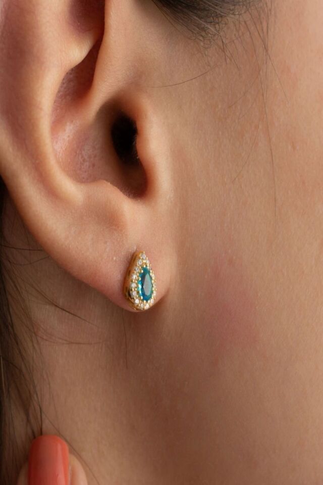925 Ayar Gümüş Aralık Ayı Doğum Taşı ( Blue Topaz ) Damla Kolye Gold - Tek Ebat