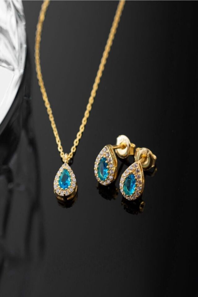 925 Ayar Gümüş Aralık Ayı Doğum Taşı ( Blue Topaz ) Damla Kolye Gold - Tek Ebat