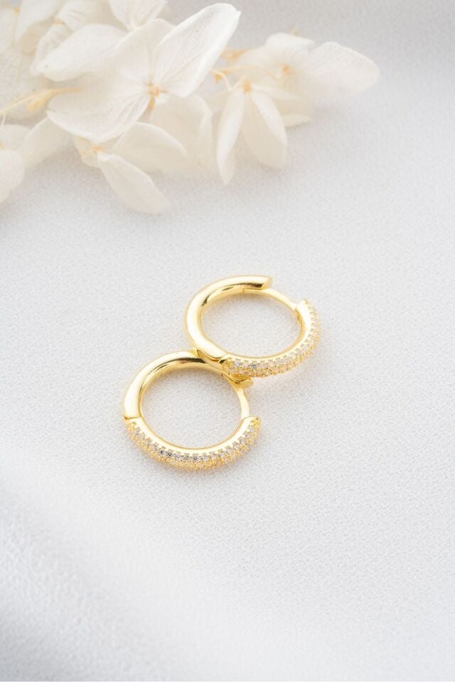 925 Ayar Gümüş Gold Zirkon Taşlı Halka Küpe