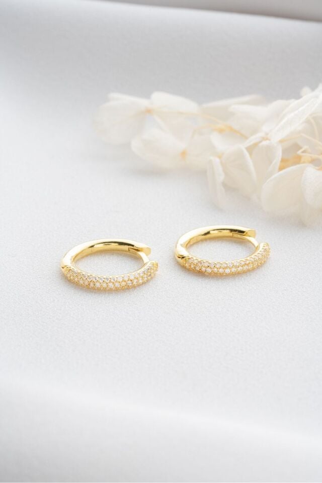925 Ayar Gümüş Gold Zirkon Taşlı Halka Küpe