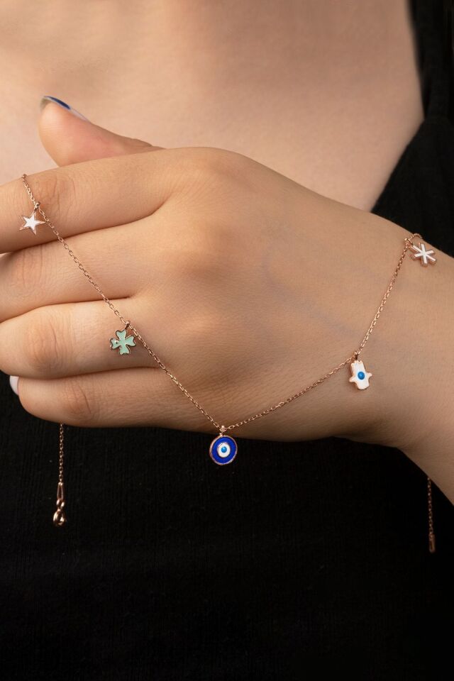 925 Ayar Gümüş Rose Mineli Şans Kolye Gold - Tek Ebat