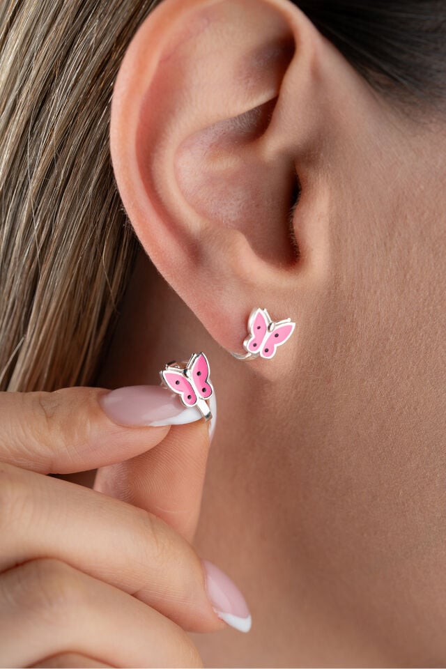 925 Ayar Gümüş Pembe Mineli Kelebek Küpe