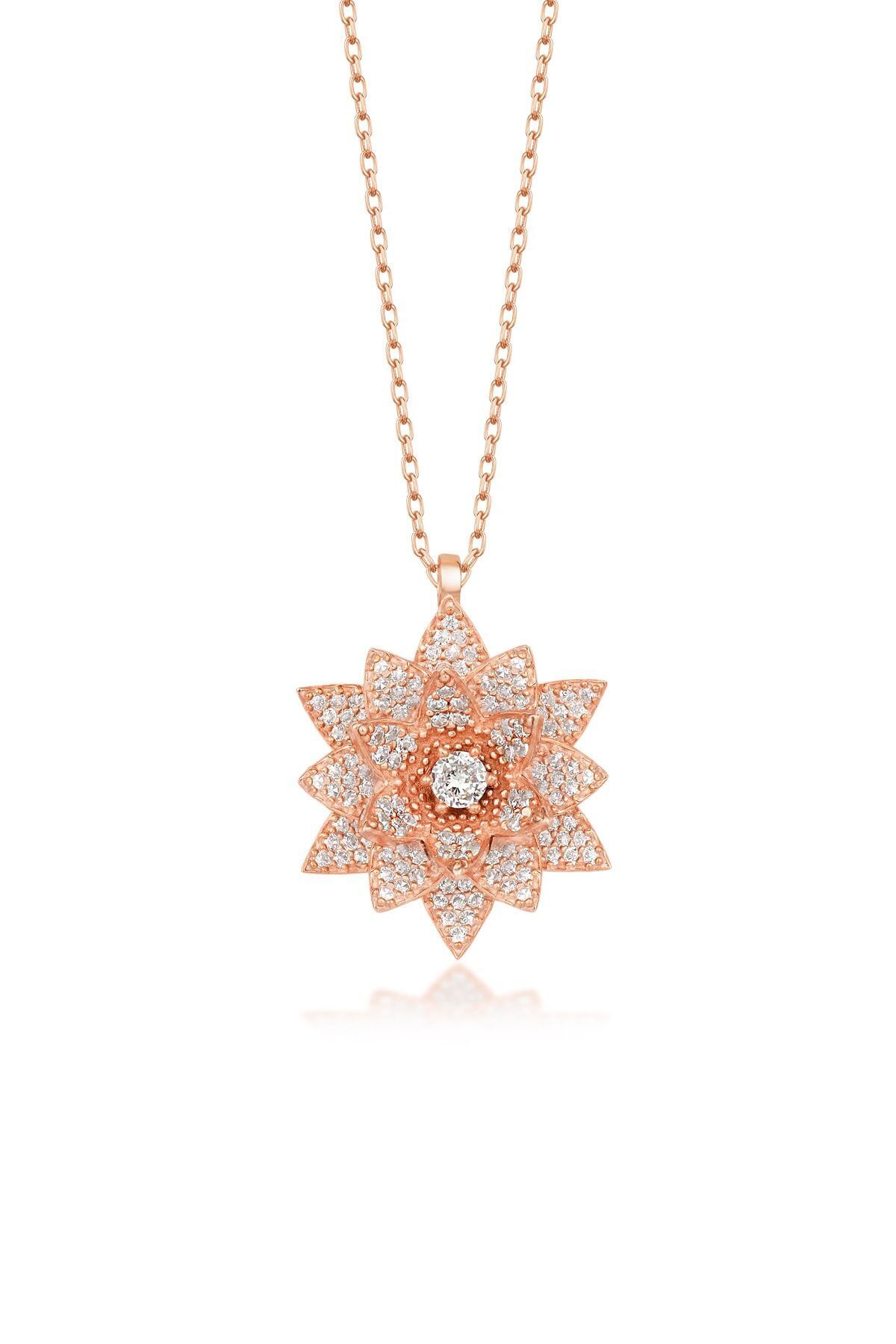 925 Ayar Gümüş Rose Taşlı Lotus Kolye Gold - Tek Ebat