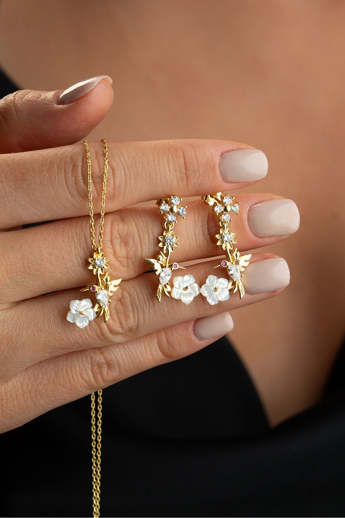 925 Ayar Gümüş Sedefli Kuş (Kolye-Küpe) Set Sarı