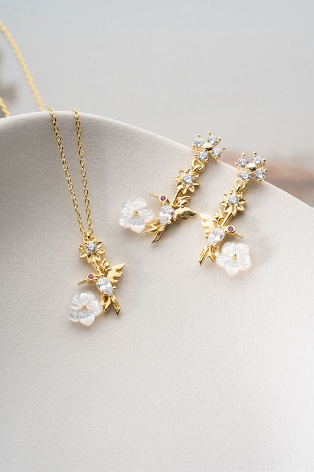 925 Ayar Gümüş Sedefli Kuş (Kolye-Küpe) Set Sarı