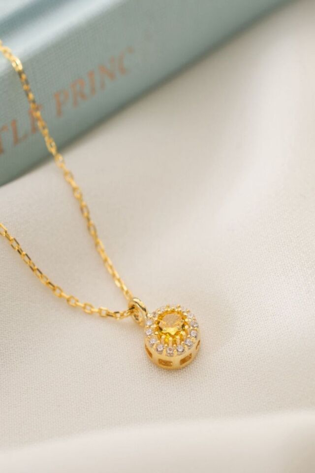 925 Ayar Gümüş Kasım Ayı Doğum Taşı ( Citrine ) Kolye Gold - Tek Ebat