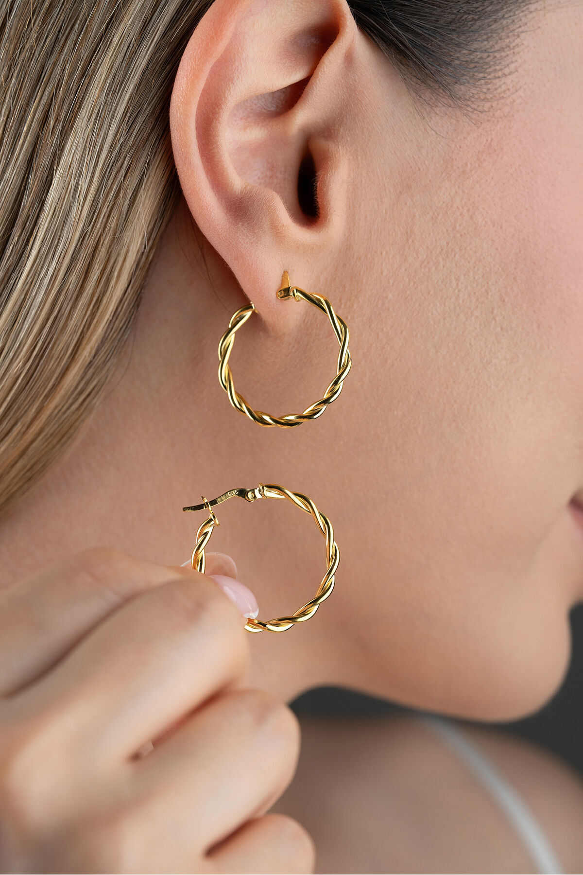 925 Ayar Gümüş 28mm Telkari Burgu Gold Halka Küpe