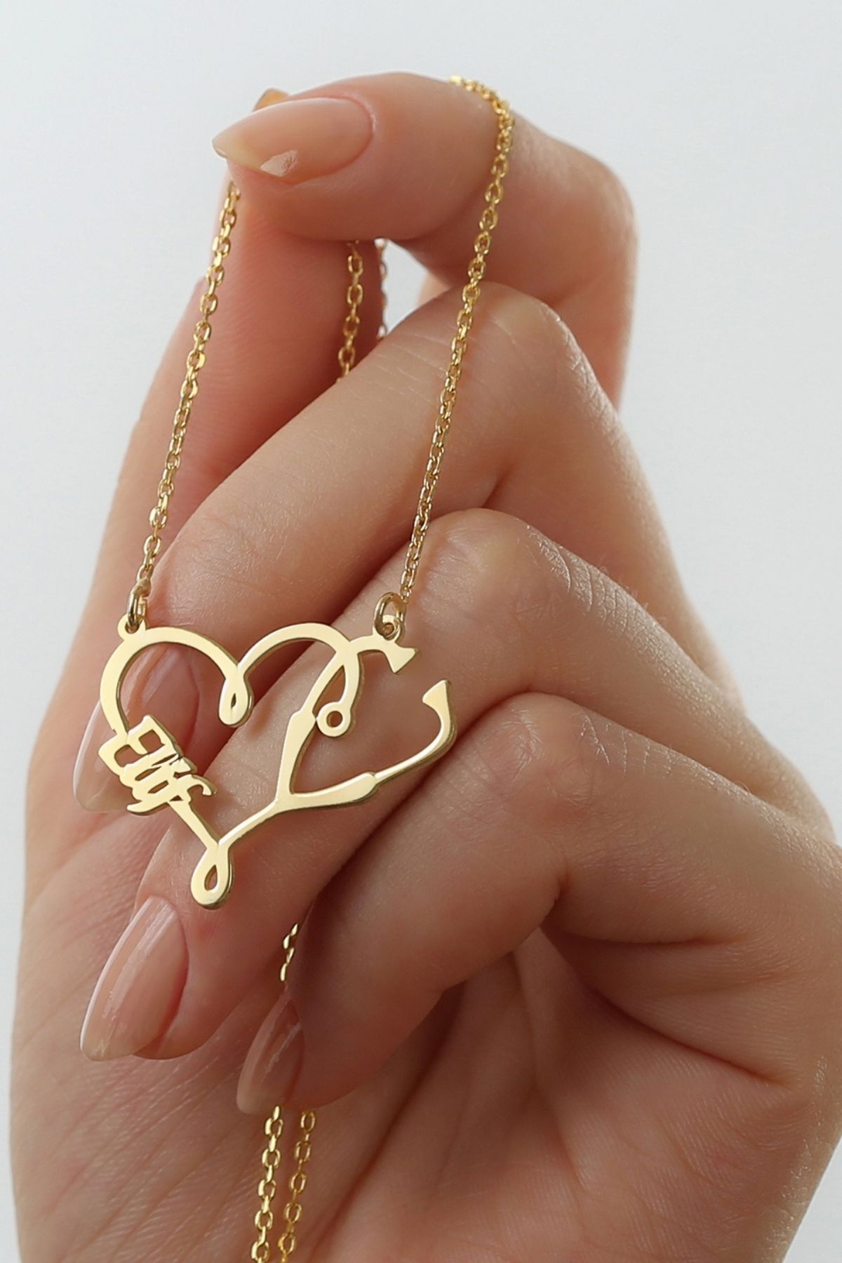 925 Ayar Gümüş Isimli Kalpli Doktor Kolyesi Gold - Tek Ebat
