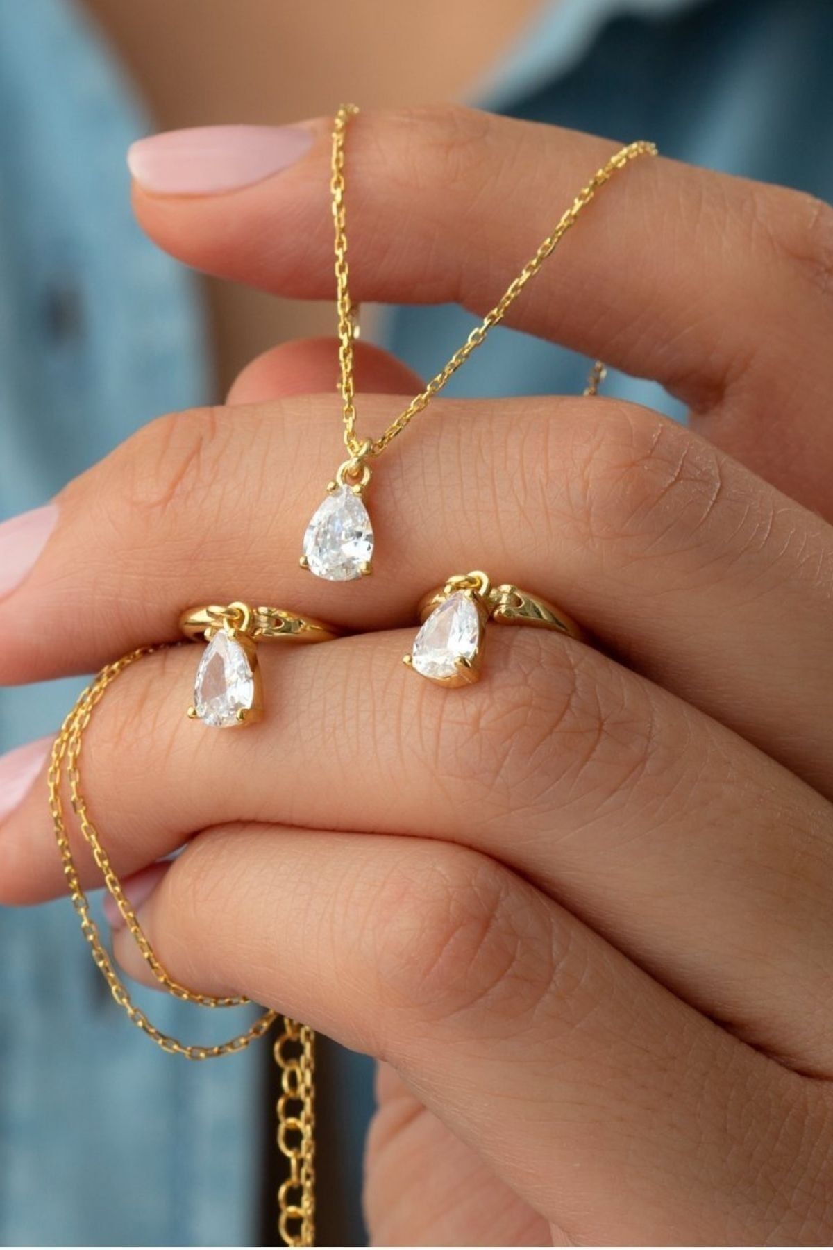 925 Ayar Gümüş Damla Taşlı Kolye-küpe Seti Gold - Tek Ebat