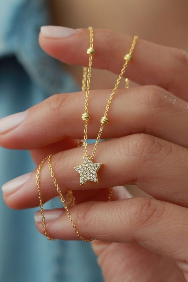 925 Ayar Gümüş Top Zincirli Yıldız Kolye Gold - Tek Ebat