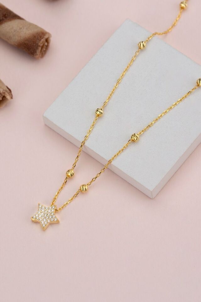925 Ayar Gümüş Top Zincirli Yıldız Kolye Gold - Tek Ebat