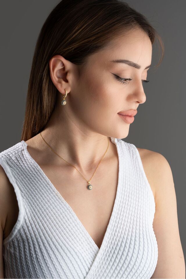 925 Ayar Gümüş Göz Nazarlı Kolye Küpe Seti