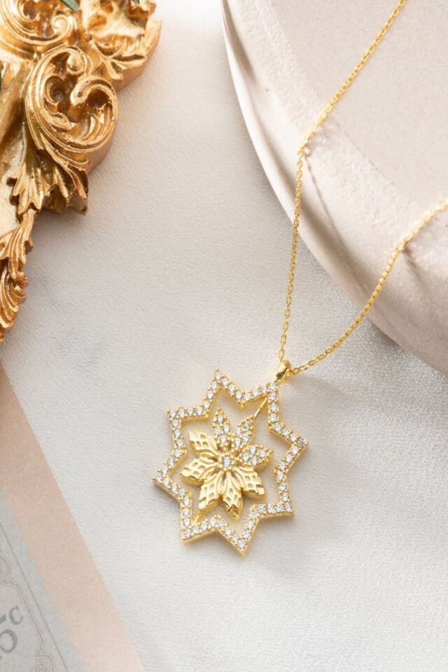 925 Ayar Gümüş Çift Taraflı Lotus Çiçeği Dönence Kolye Gold - Tek Ebat