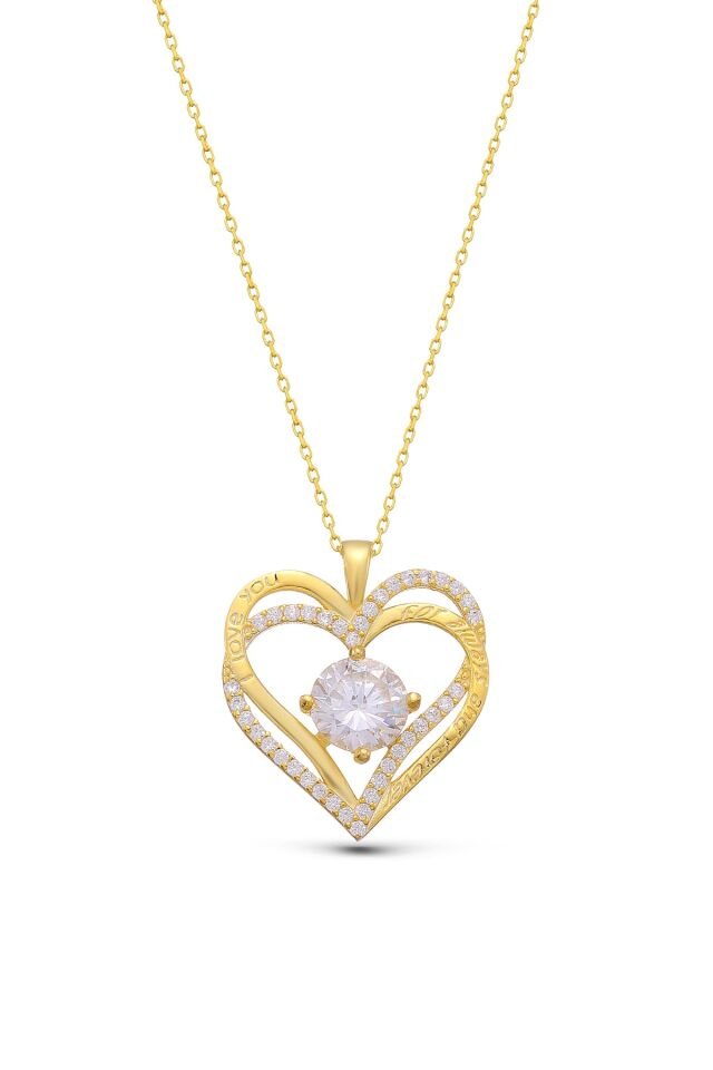 925 Ayar Gümüş Taşlı Kalp I Love You Kolye Gold - Tek Ebat