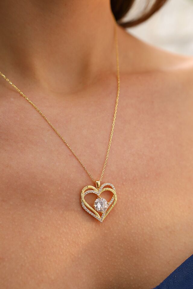 925 Ayar Gümüş Taşlı Kalp I Love You Kolye Gold - Tek Ebat