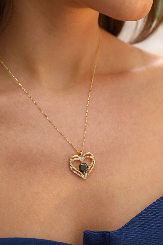 925 Ayar Gümüş Taşlı Kalp I Love You Kolye Gold - Tek Ebat