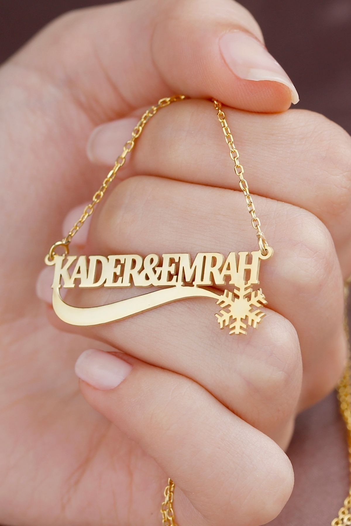 925 Ayar Gümüş Kar Tanesi Iki Isimli Kolye Gold - Tek Ebat