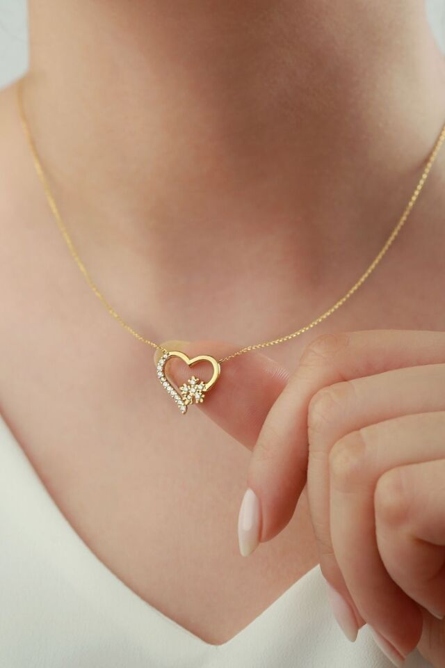 925 Ayar Gold Gümüş Kalpli Kartanesi Kolye Gold - Tek Ebat
