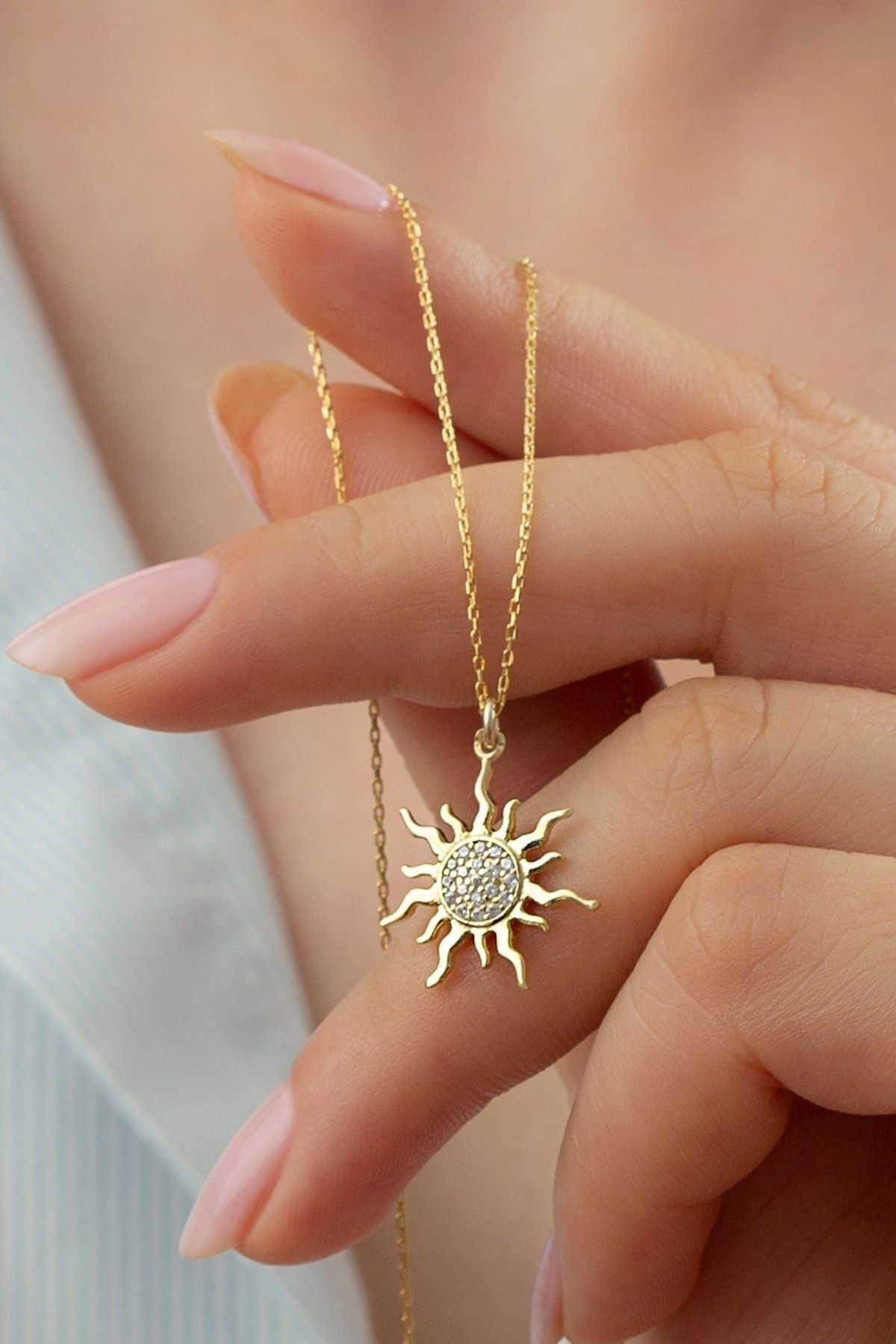 925 Ayar Gold Gümüş Güneş Kolye Gold - Tek Ebat