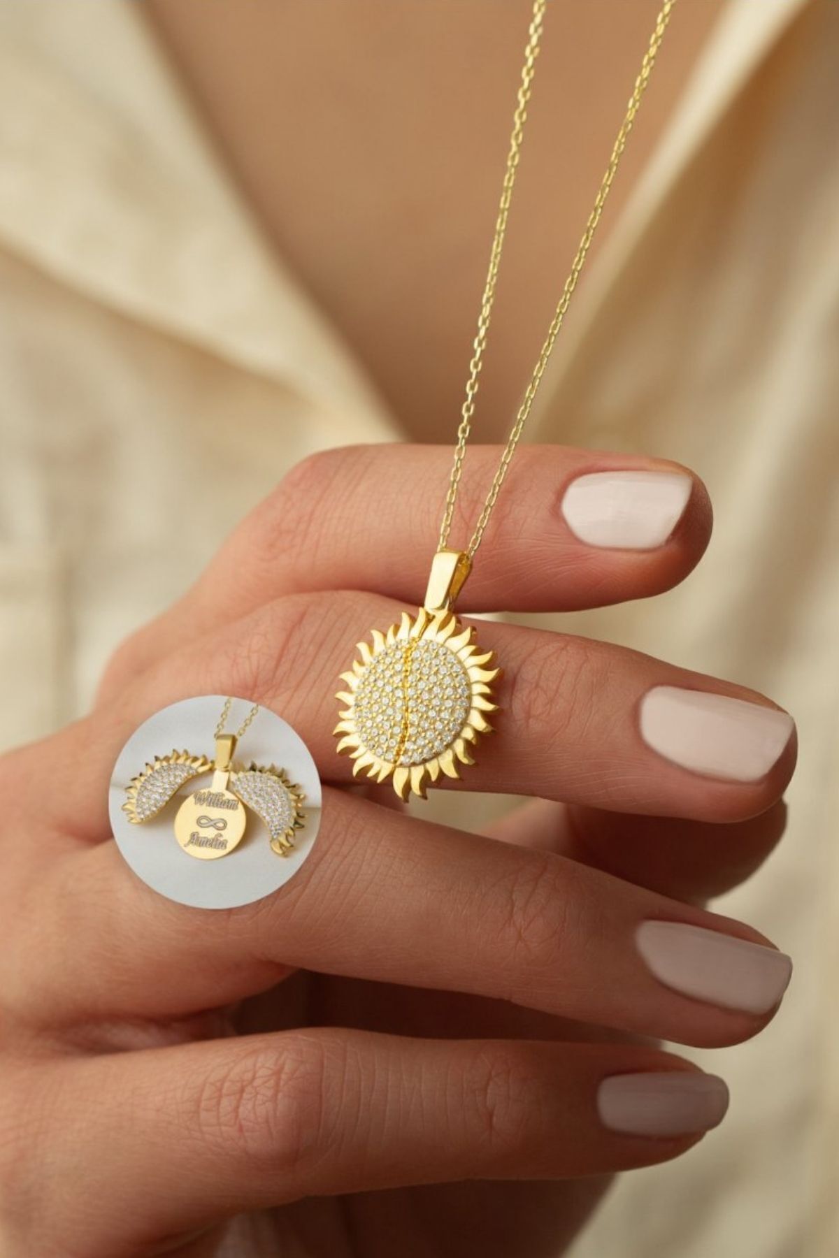 925 Ayar Gümüş Isimli Açılan Güneş Kolye Gold - Tek Ebat