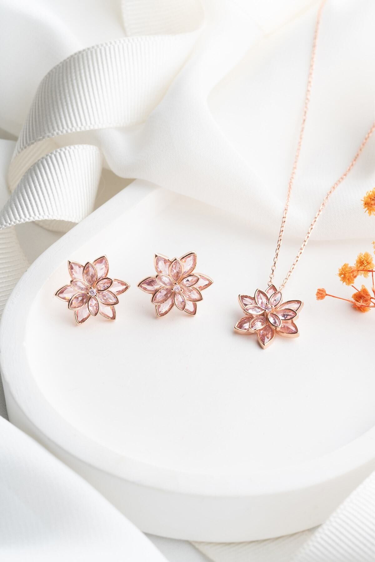 925 Ayar Lotus Çiçeği Gümüş Kolye Küpe Set Pembe - Tek Ebat